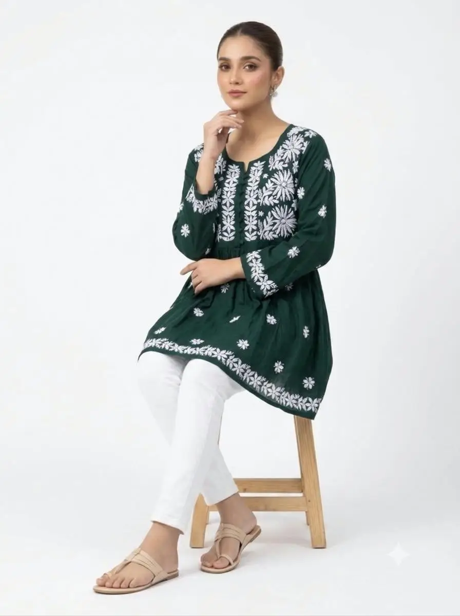 LCF CHIKAN EMBROIDERY RAYON SHORT TOP FROCK STYLE - DARK GREEN view 3