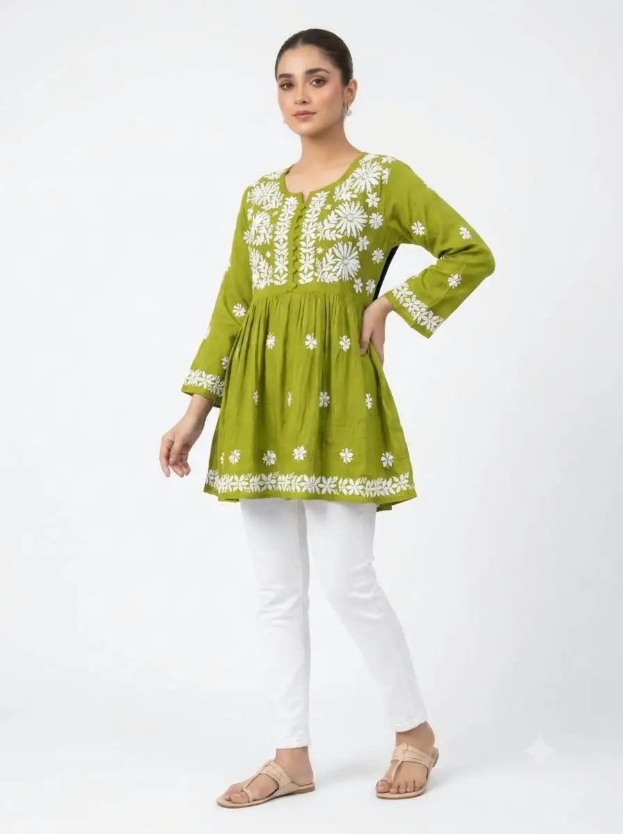 LCF CHIKAN EMBROIDERY RAYON SHORT TOP FROCK STYLE - GREEN view 2