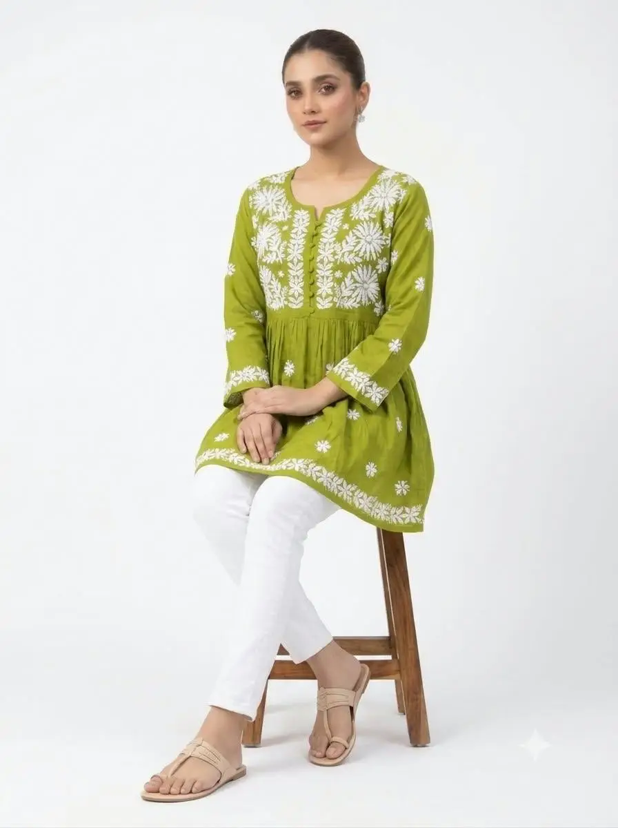 LCF CHIKAN EMBROIDERY RAYON SHORT TOP FROCK STYLE - GREEN view 3