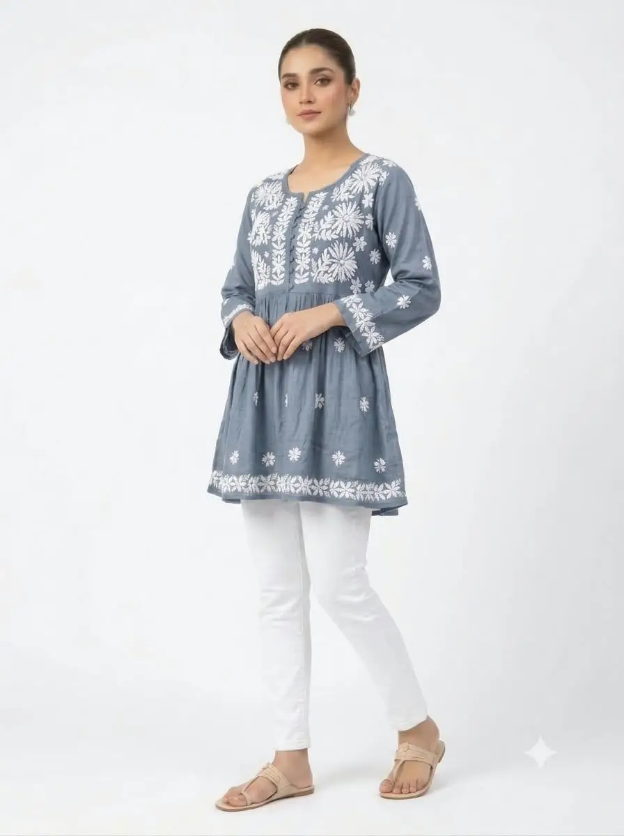 LCF CHIKAN EMBROIDERY RAYON SHORT TOP FROCK STYLE - GREY view 2