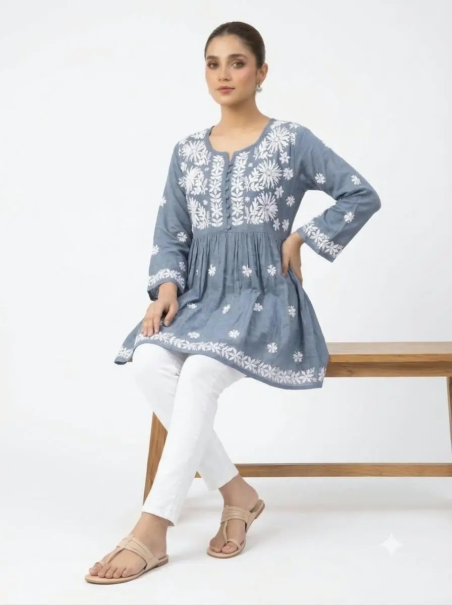 LCF CHIKAN EMBROIDERY RAYON SHORT TOP FROCK STYLE - GREY view 3