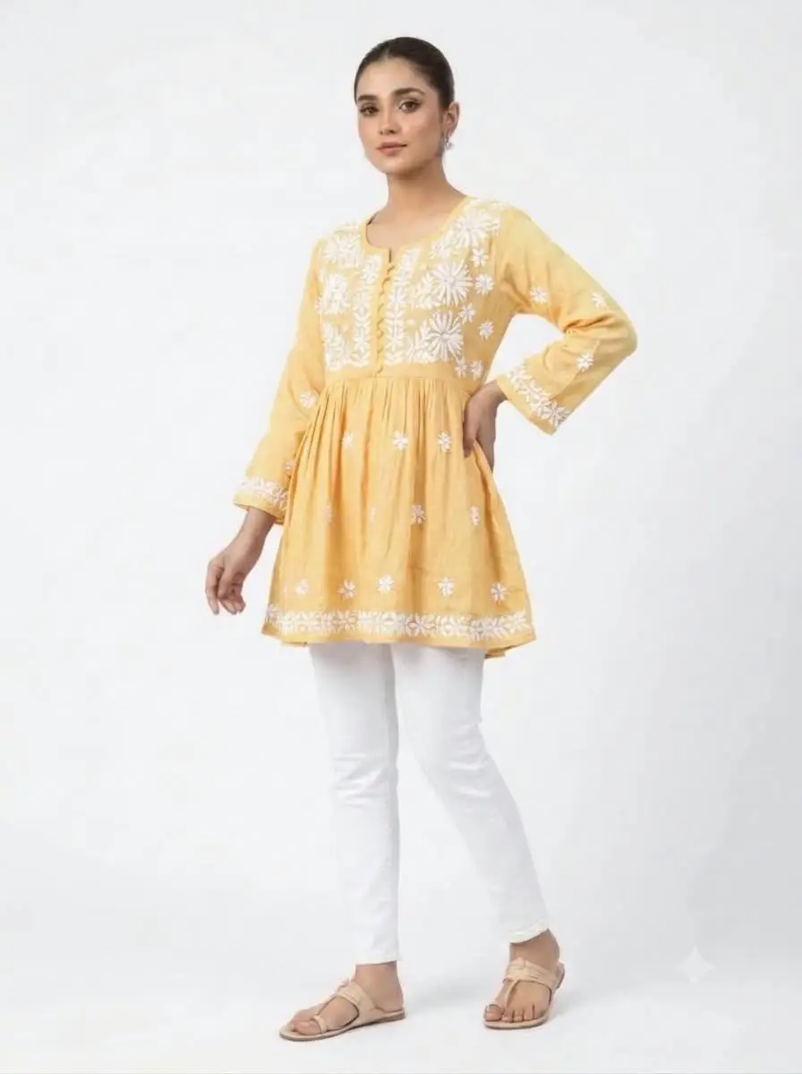 LCF CHIKAN EMBROIDERY RAYON SHORT TOP FROCK STYLE - LIGHT YELLOW