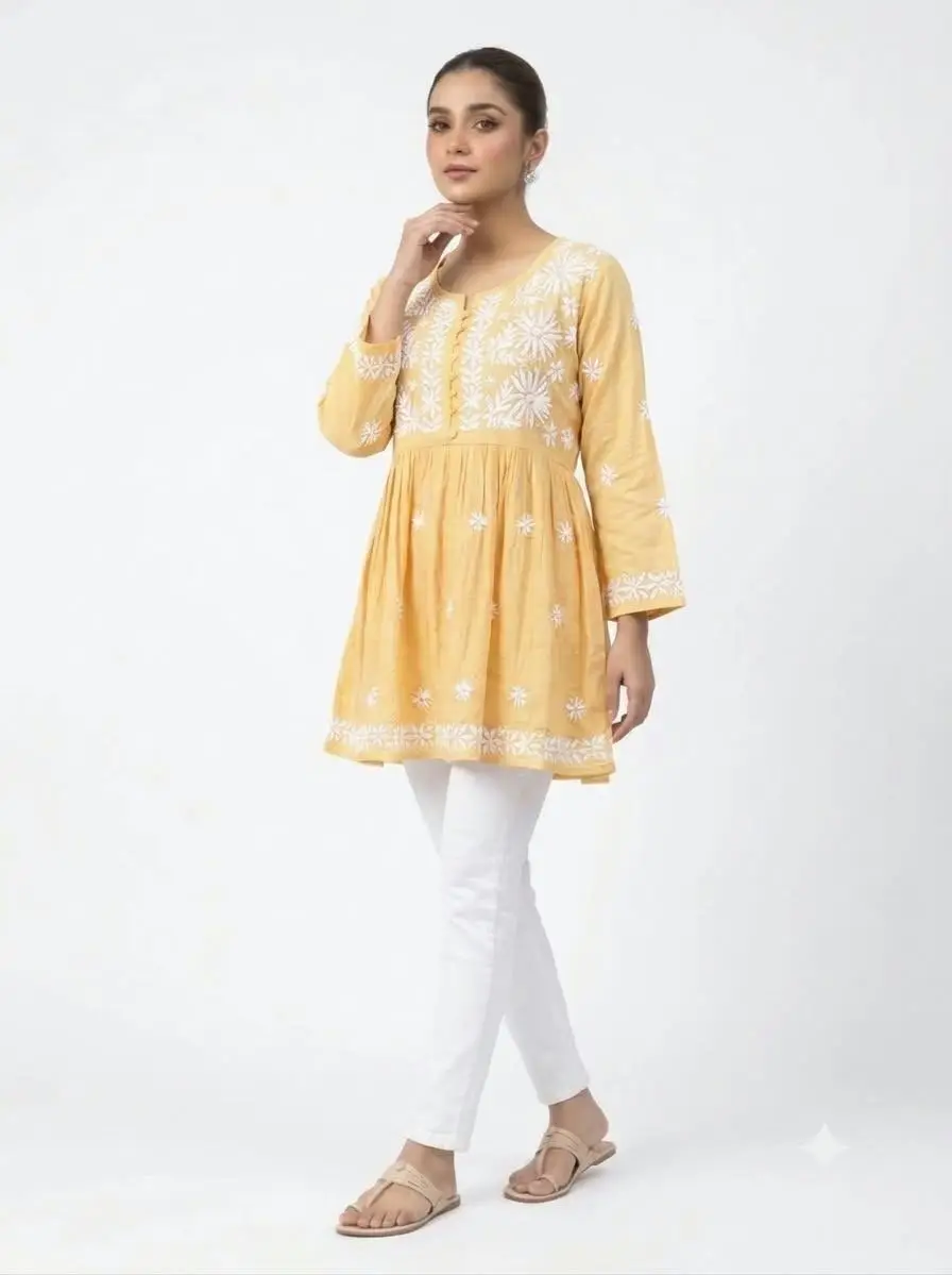 LCF CHIKAN EMBROIDERY RAYON SHORT TOP FROCK STYLE - LIGHT YELLOW view 2
