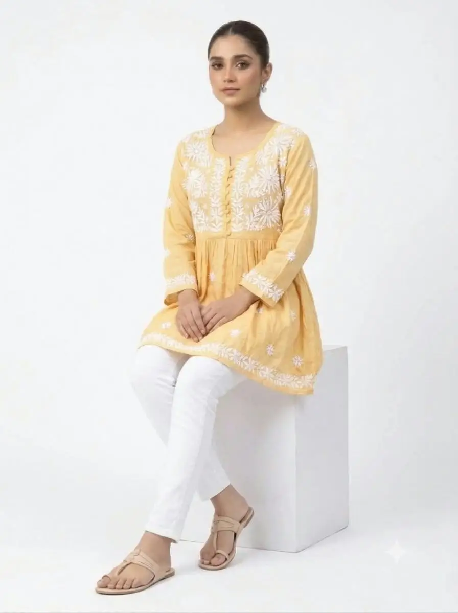 LCF CHIKAN EMBROIDERY RAYON SHORT TOP FROCK STYLE - LIGHT YELLOW view 3