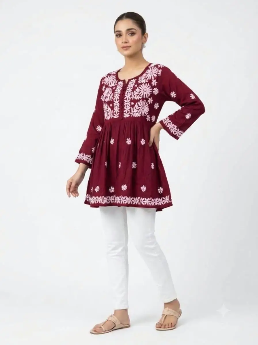 LCF CHIKAN EMBROIDERY RAYON SHORT TOP FROCK STYLE - MAROON