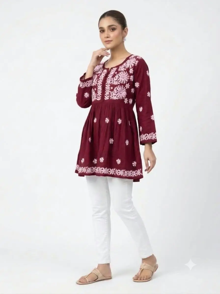 LCF CHIKAN EMBROIDERY RAYON SHORT TOP FROCK STYLE - MAROON view 2