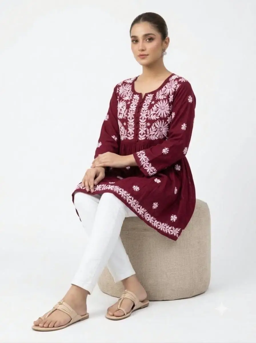 LCF CHIKAN EMBROIDERY RAYON SHORT TOP FROCK STYLE - MAROON view 3