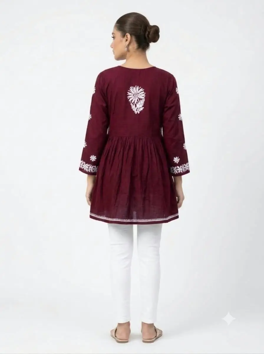 LCF CHIKAN EMBROIDERY RAYON SHORT TOP FROCK STYLE - MAROON view 4