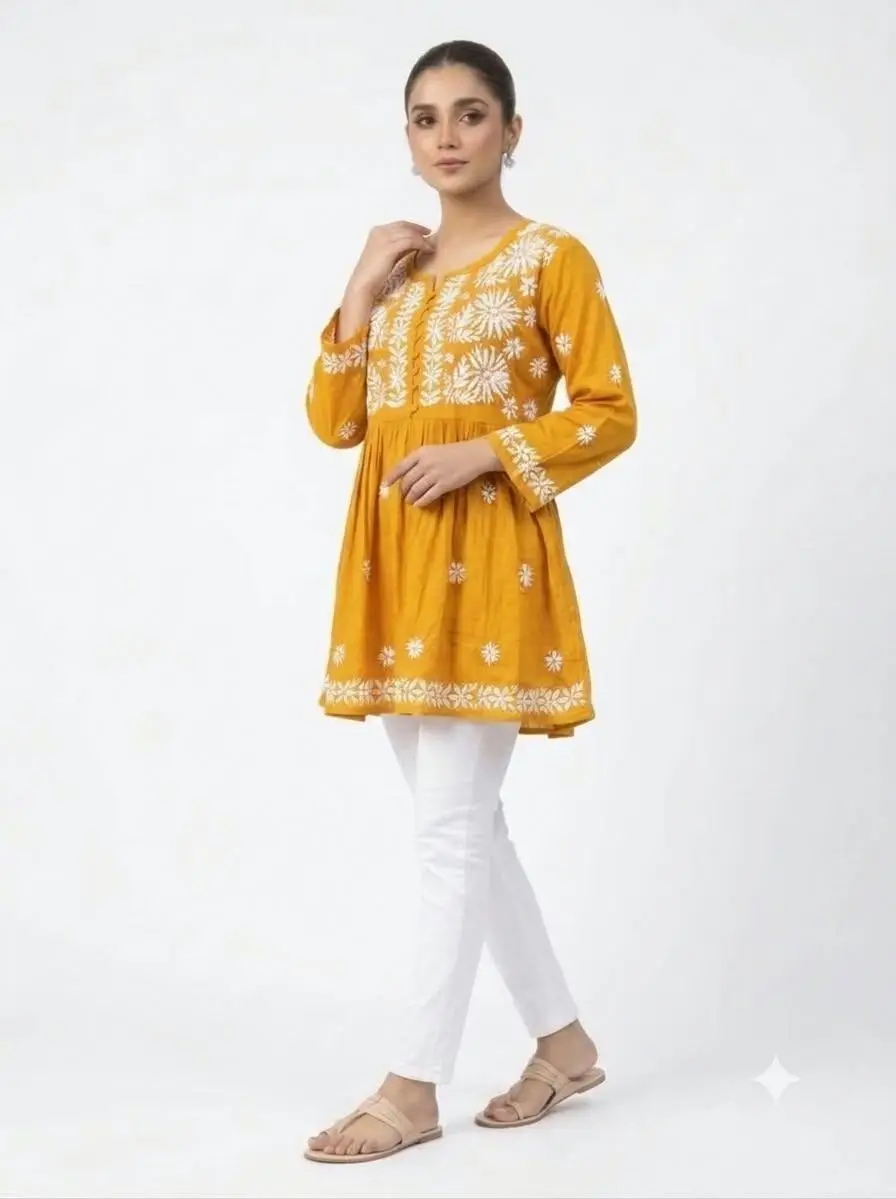 LCF CHIKAN EMBROIDERY RAYON SHORT TOP FROCK STYLE -MUSTED YELLOW view 2