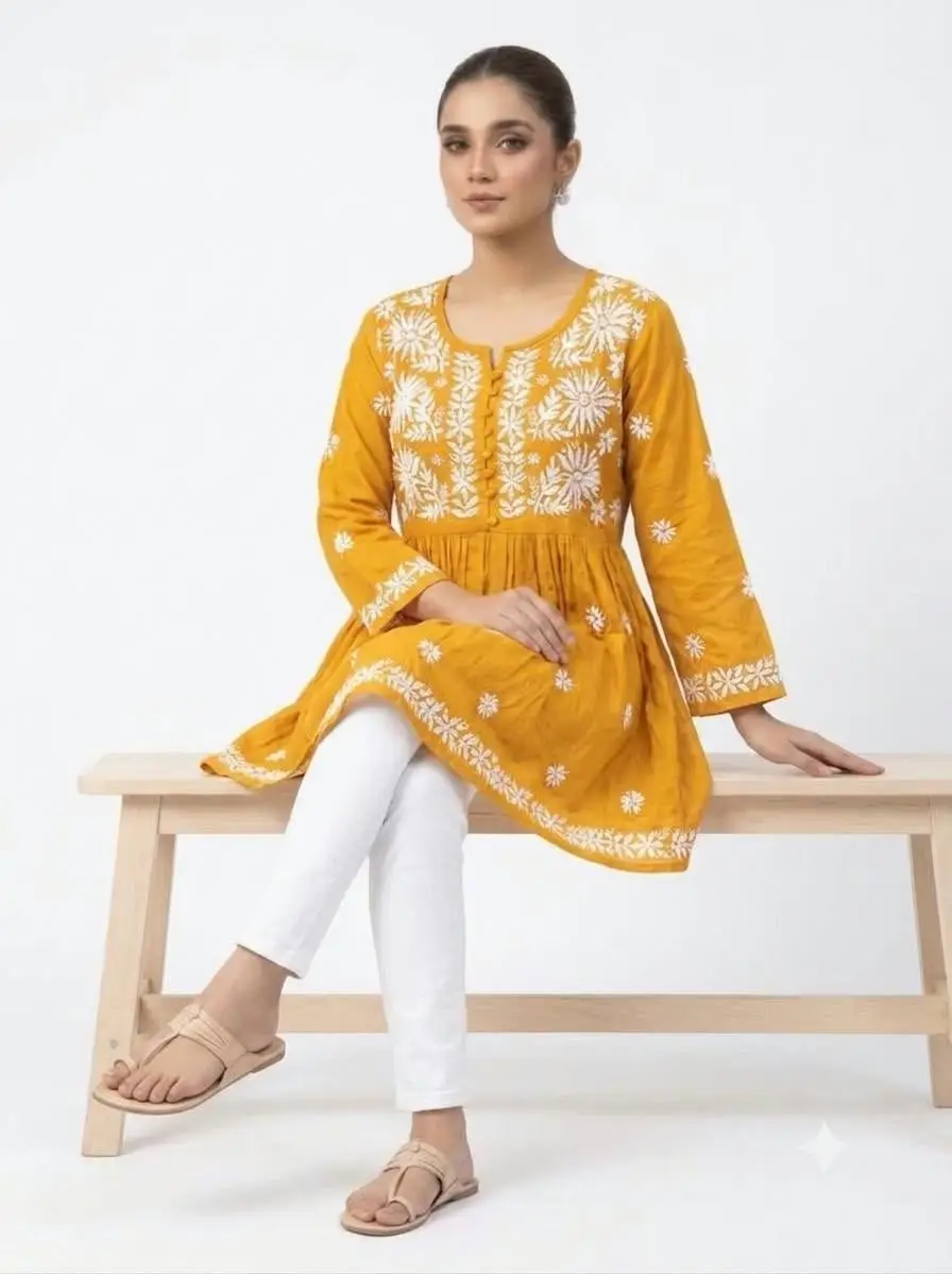 LCF CHIKAN EMBROIDERY RAYON SHORT TOP FROCK STYLE -MUSTED YELLOW view 3
