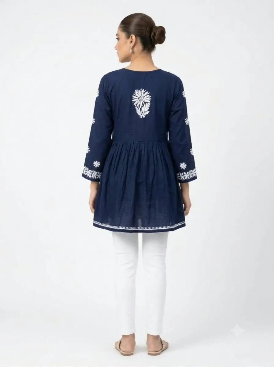 LCF CHIKAN EMBROIDERY RAYON SHORT TOP FROCK STYLE - NAVY BLUE view 2