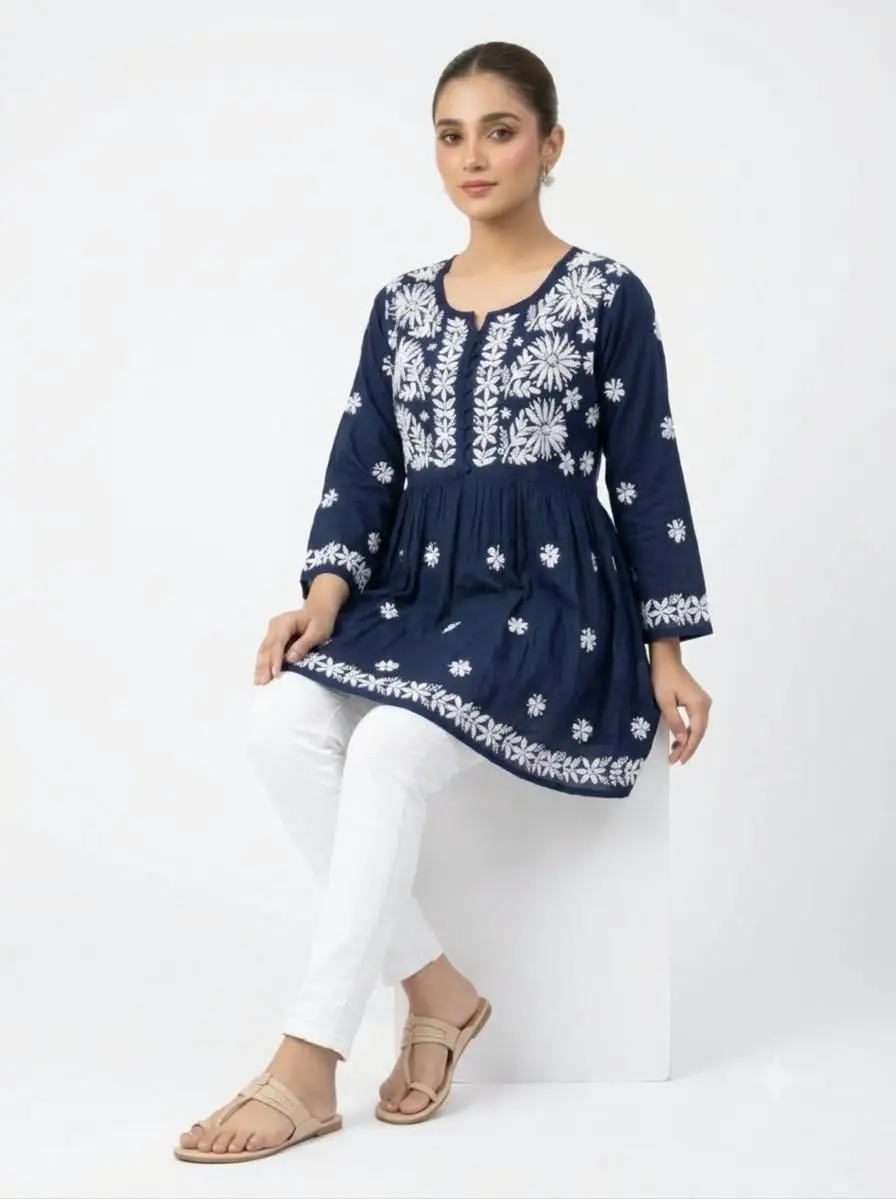 LCF CHIKAN EMBROIDERY RAYON SHORT TOP FROCK STYLE - NAVY BLUE view 3