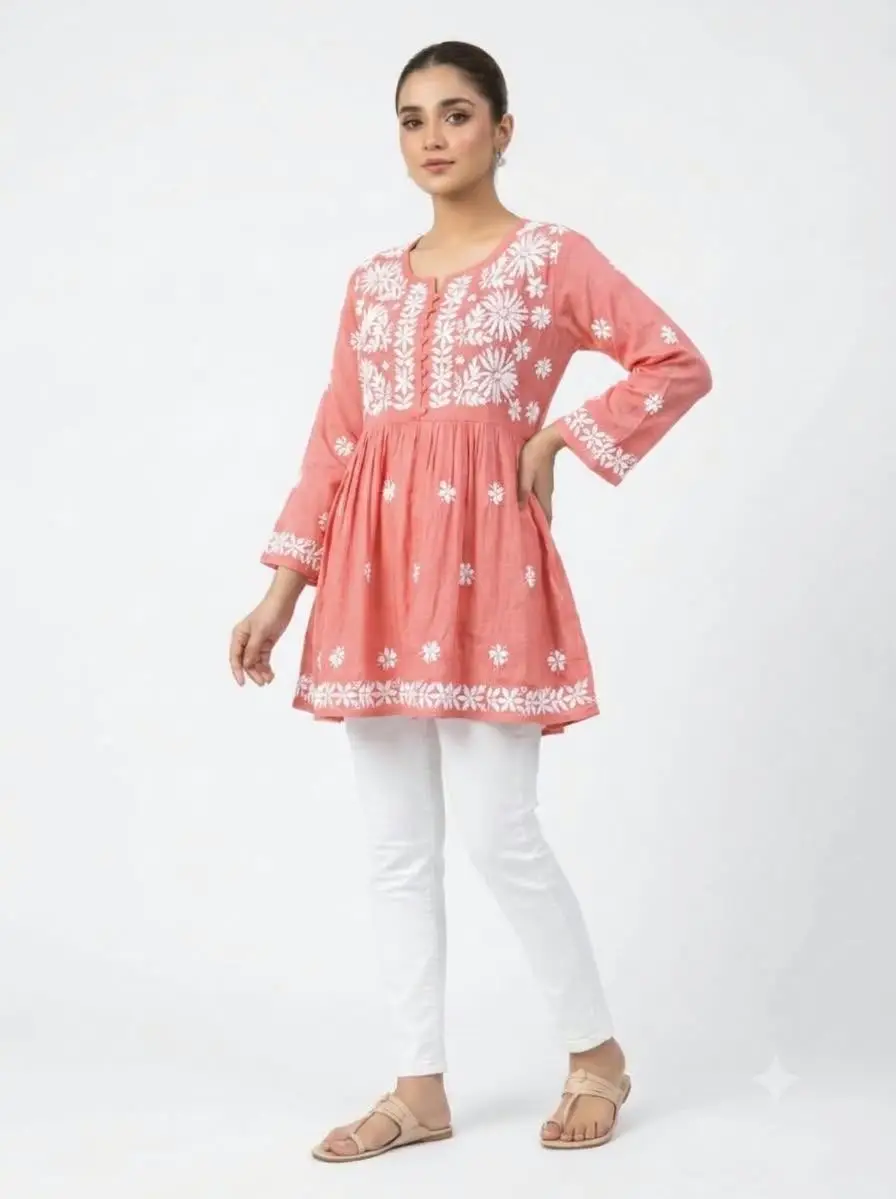 LCF CHIKAN EMBROIDERY RAYON SHORT TOP FROCK STYLE - PEACH