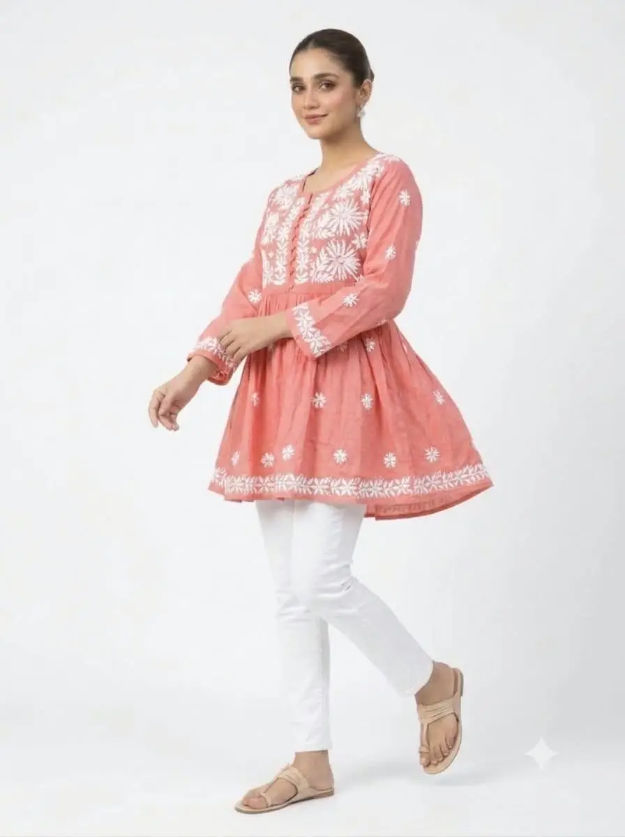 LCF CHIKAN EMBROIDERY RAYON SHORT TOP FROCK STYLE - PEACH view 2