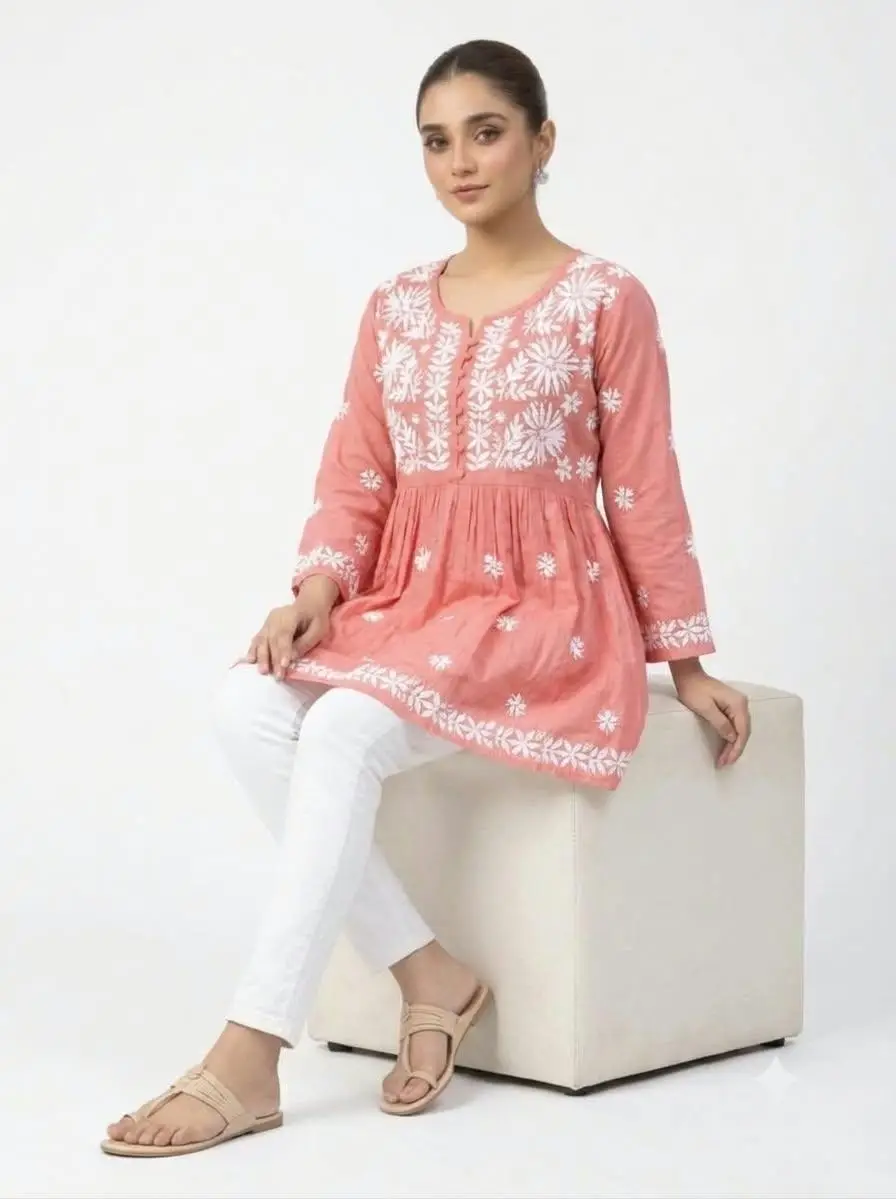 LCF CHIKAN EMBROIDERY RAYON SHORT TOP FROCK STYLE - PEACH view 3
