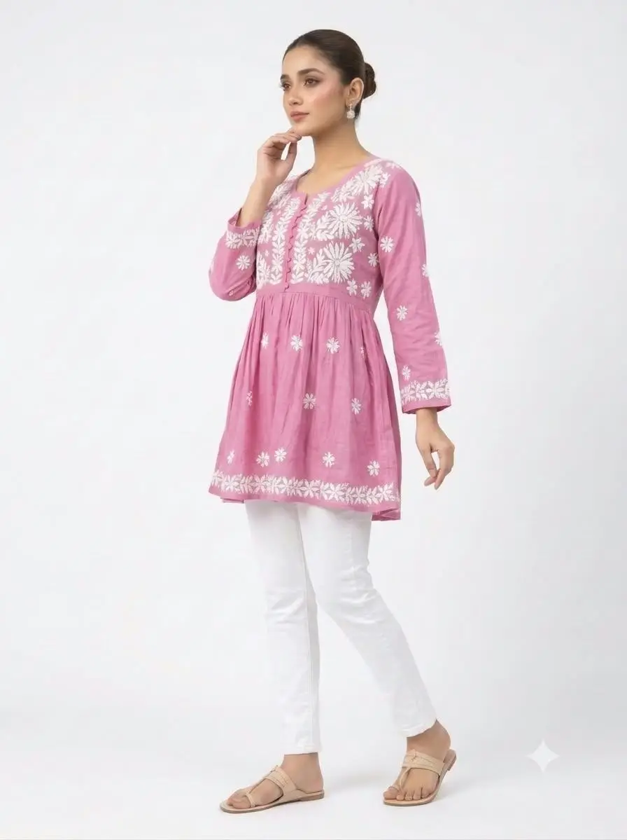LCF CHIKAN EMBROIDERY RAYON SHORT TOP FROCK STYLE - PINK