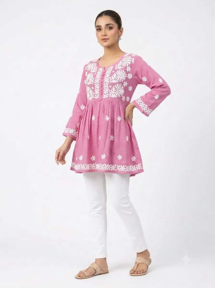 LCF CHIKAN EMBROIDERY RAYON SHORT TOP FROCK STYLE - PINK view 2