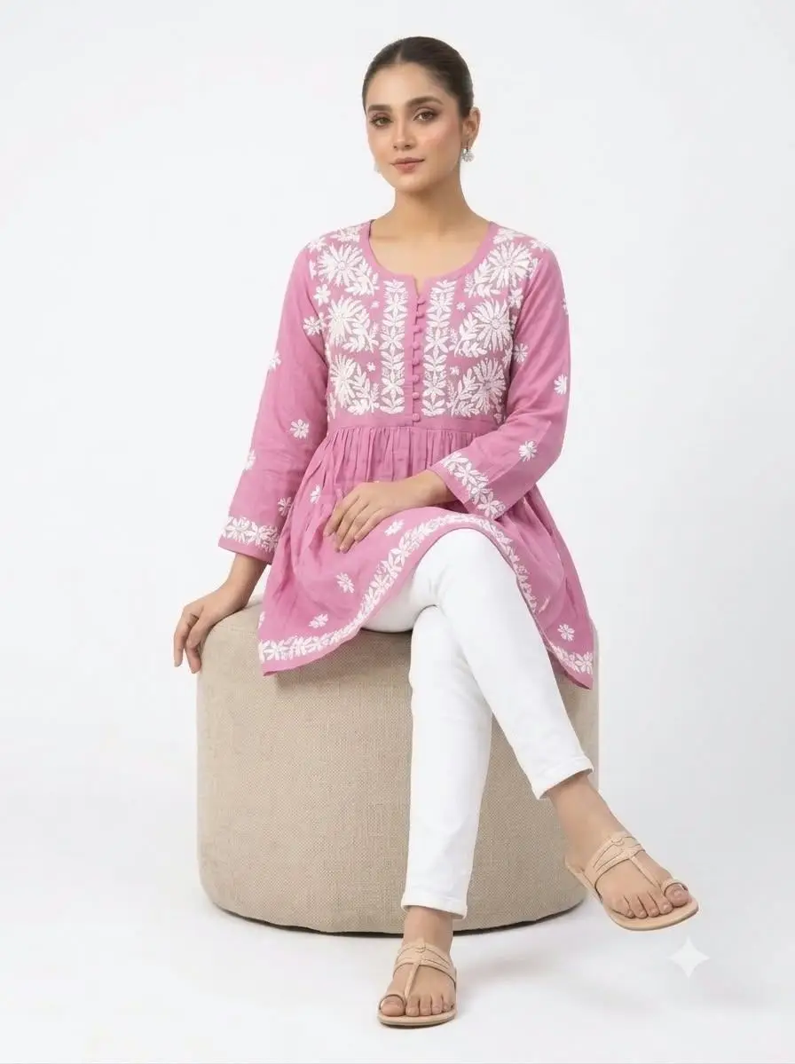 LCF CHIKAN EMBROIDERY RAYON SHORT TOP FROCK STYLE - PINK view 3