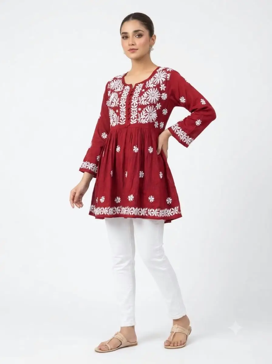 LCF CHIKAN EMBROIDERY RAYON SHORT TOP FROCK STYLE - RED view 2
