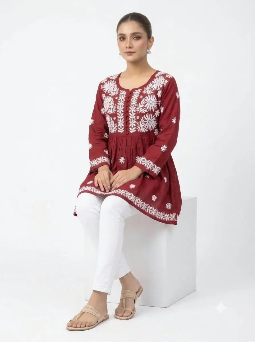 LCF CHIKAN EMBROIDERY RAYON SHORT TOP FROCK STYLE - RED view 3