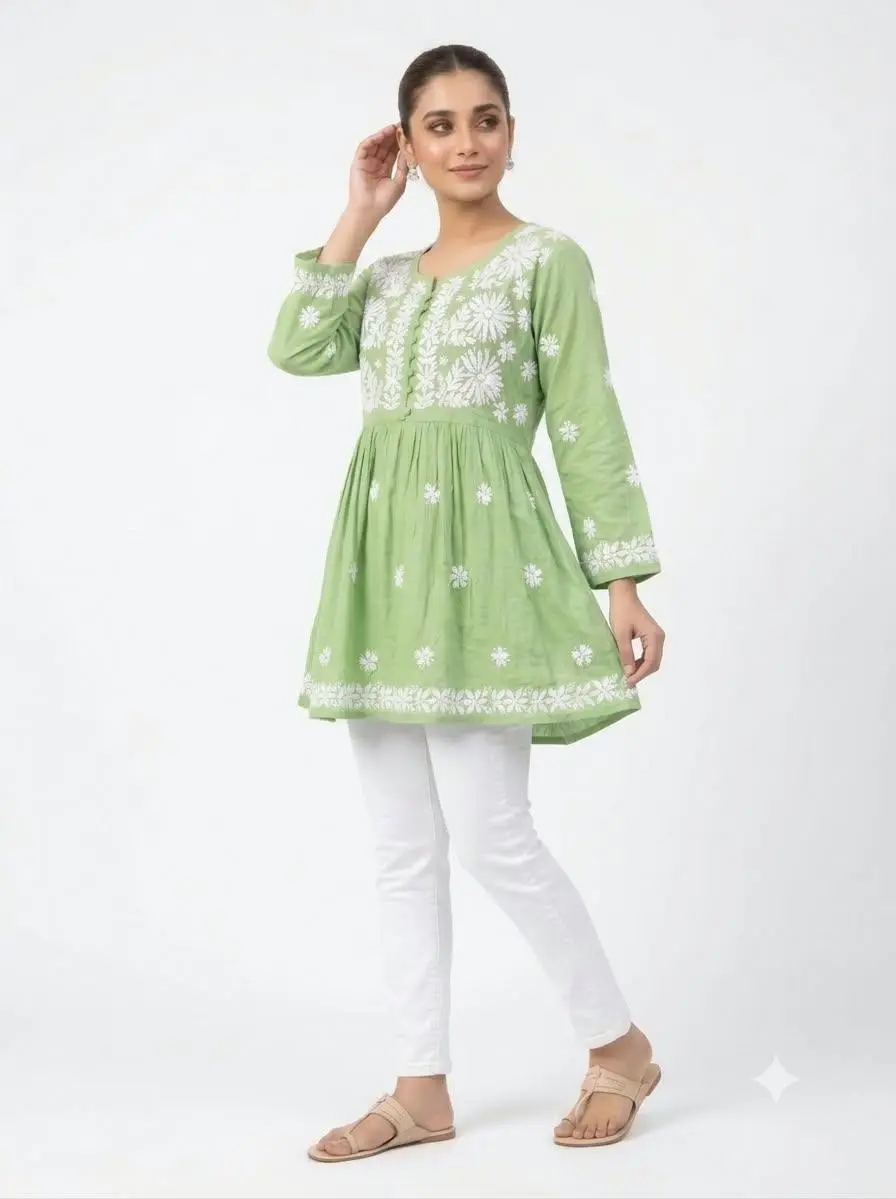 LCF CHIKAN EMBROIDERY RAYON SHORT TOP FROCK STYLE - LIGHT GREEN view 2