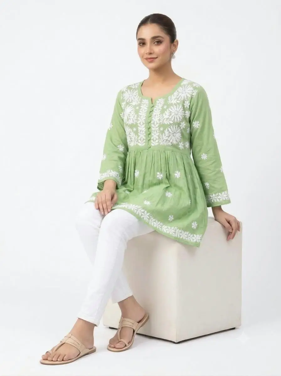 LCF CHIKAN EMBROIDERY RAYON SHORT TOP FROCK STYLE - LIGHT GREEN view 3