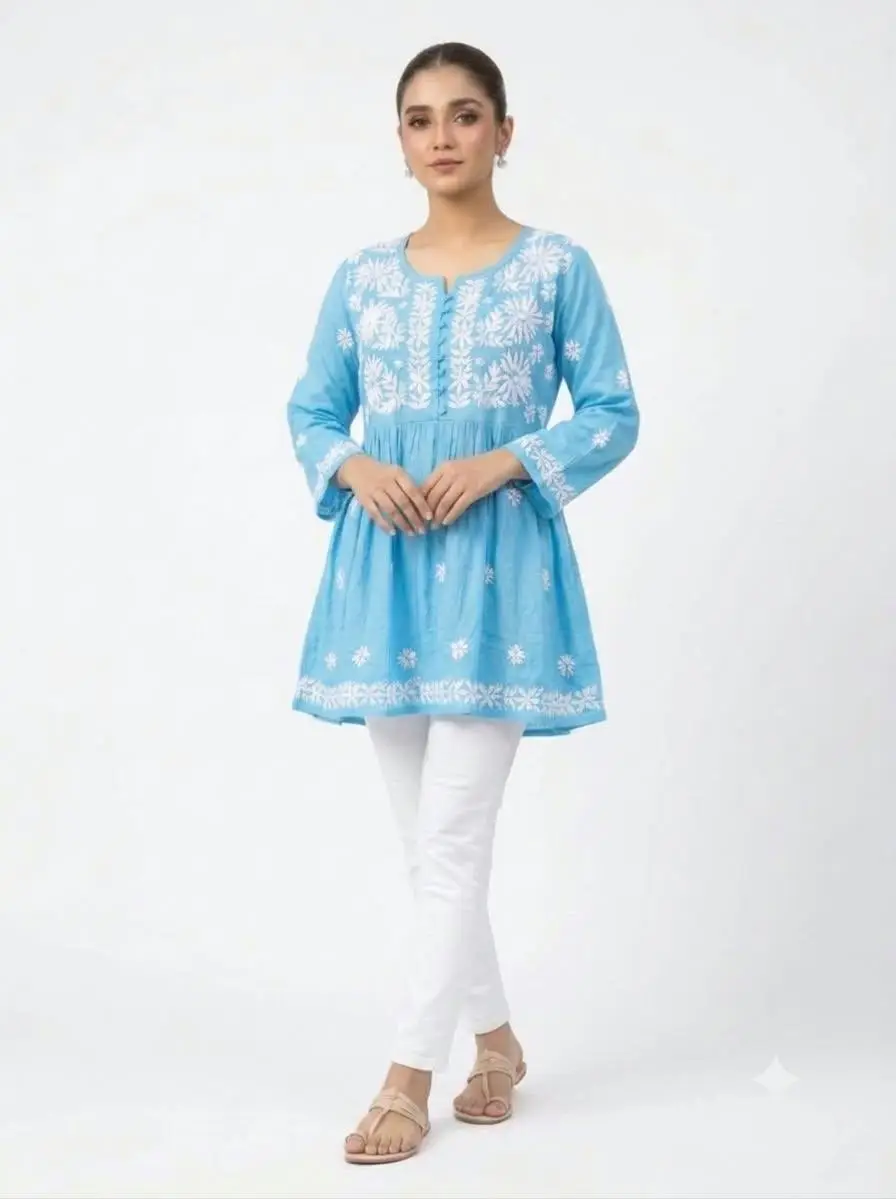 LCF CHIKAN EMBROIDERY RAYON SHORT TOP FROCK STYLE - SKY BLUE