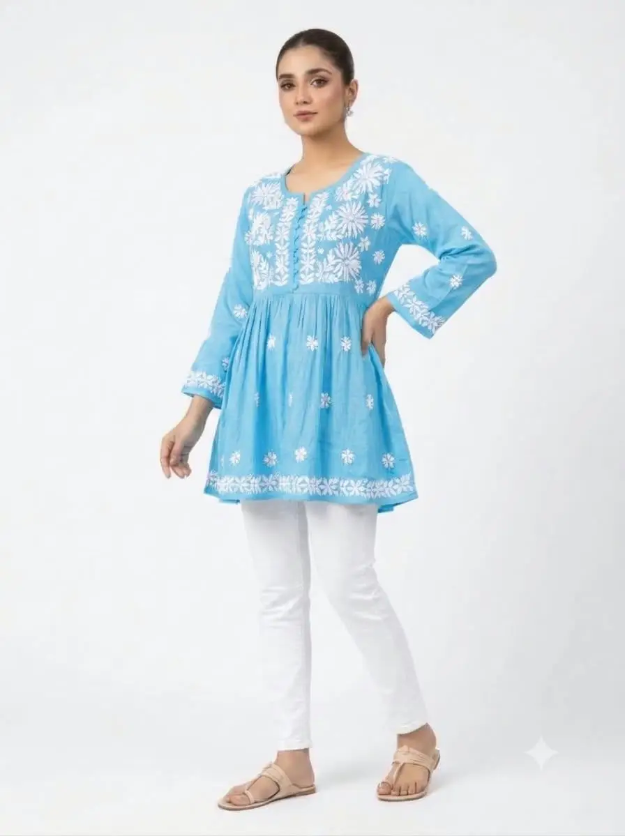 LCF CHIKAN EMBROIDERY RAYON SHORT TOP FROCK STYLE - SKY BLUE view 2