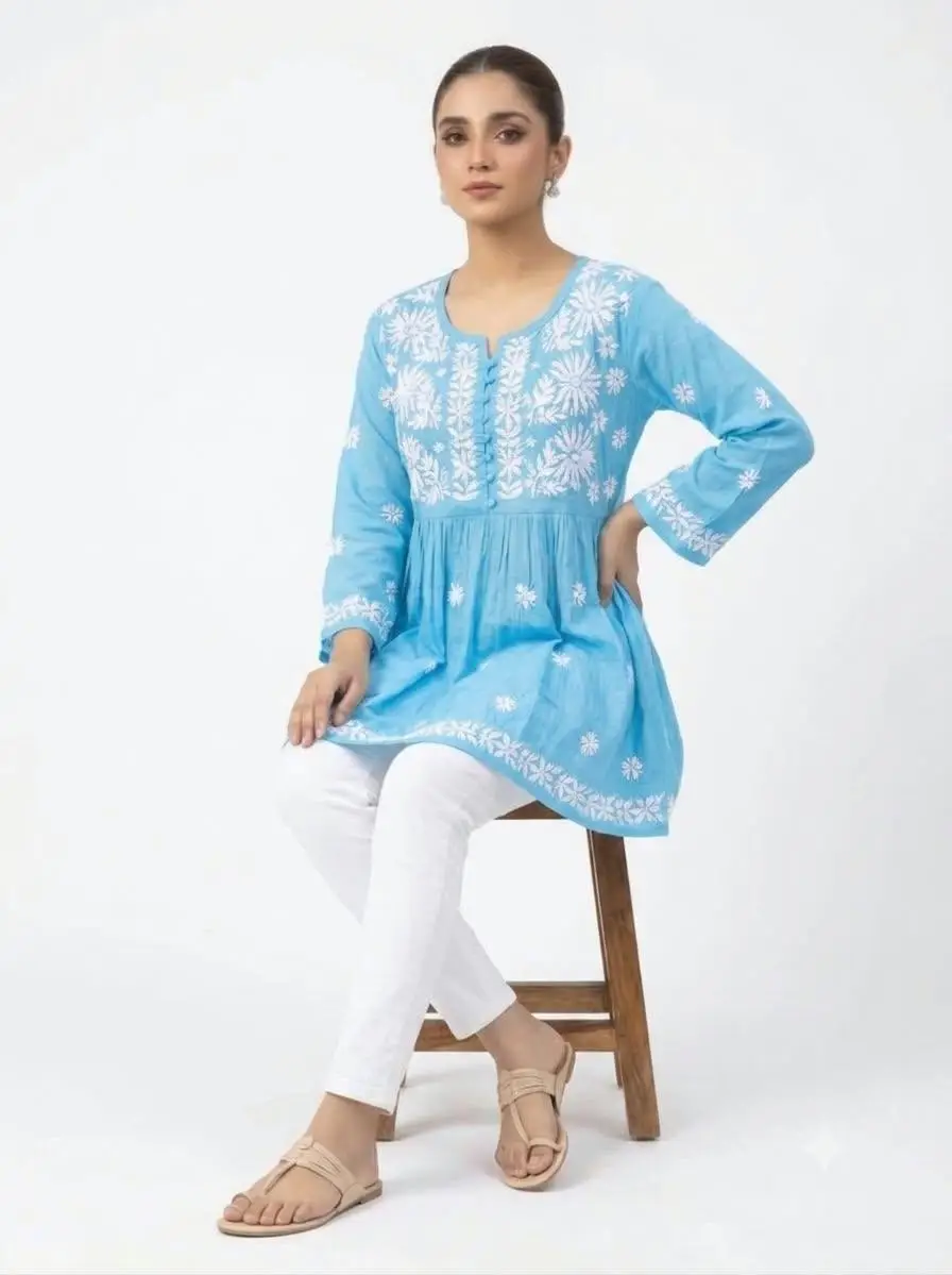 LCF CHIKAN EMBROIDERY RAYON SHORT TOP FROCK STYLE - SKY BLUE view 3