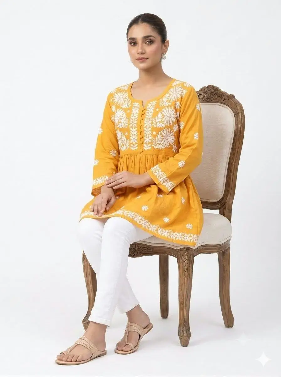 LCF CHIKAN EMBROIDERY RAYON SHORT TOP FROCK STYLE - YELLOW view 2