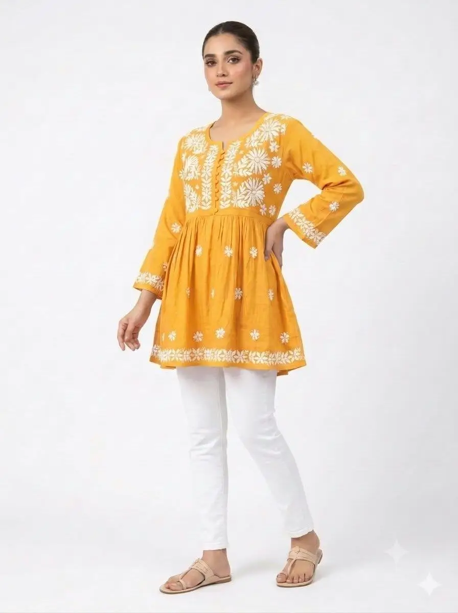 LCF CHIKAN EMBROIDERY RAYON SHORT TOP FROCK STYLE - YELLOW view 3