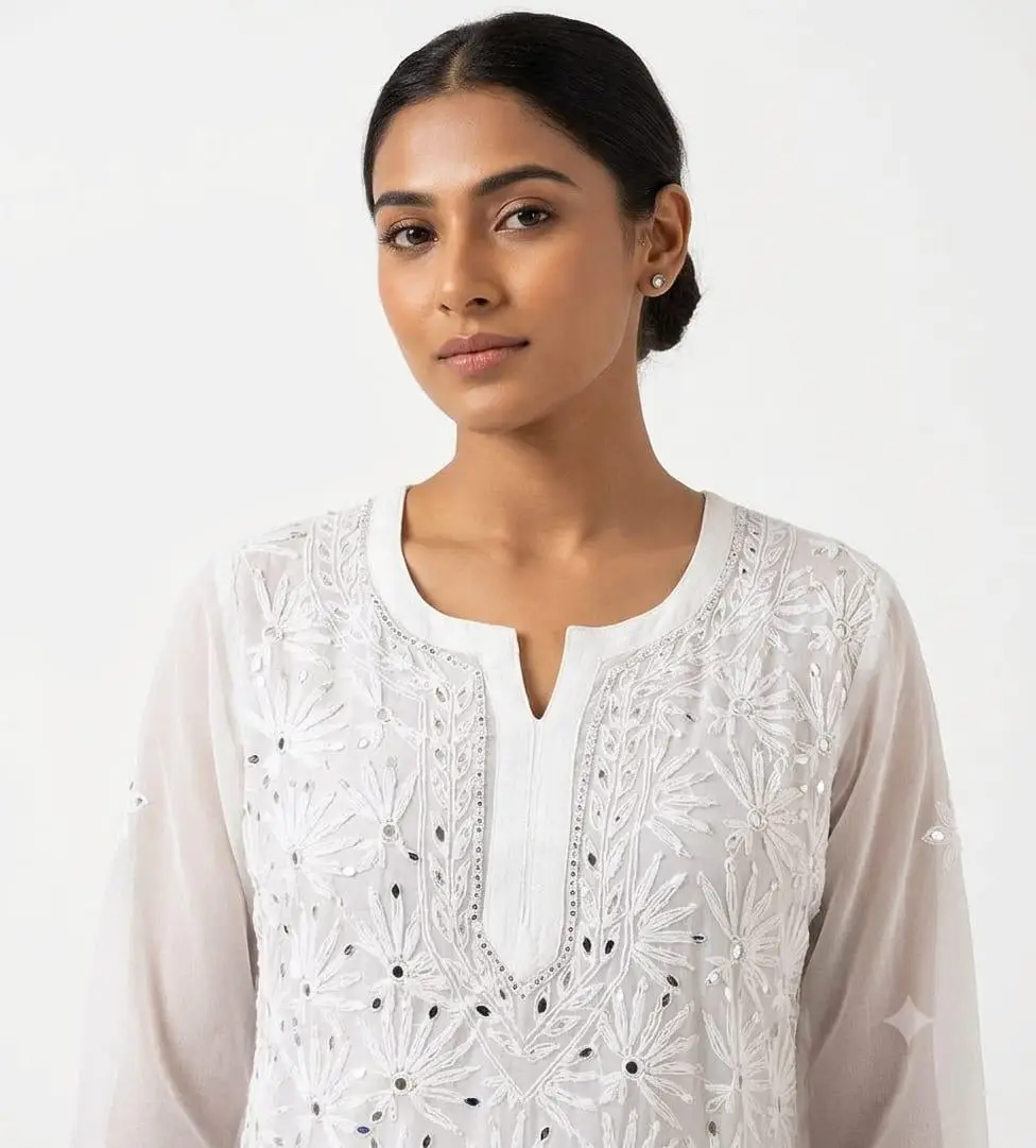 LCF CHIKAN EMBROIDERY CHIFFON LONG KURTI WITH MIRROR WORK - WHITE view 2