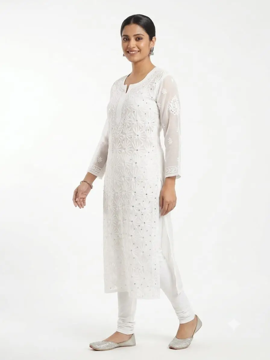 LCF CHIKAN EMBROIDERY CHIFFON LONG KURTI WITH MIRROR WORK - WHITE view 3