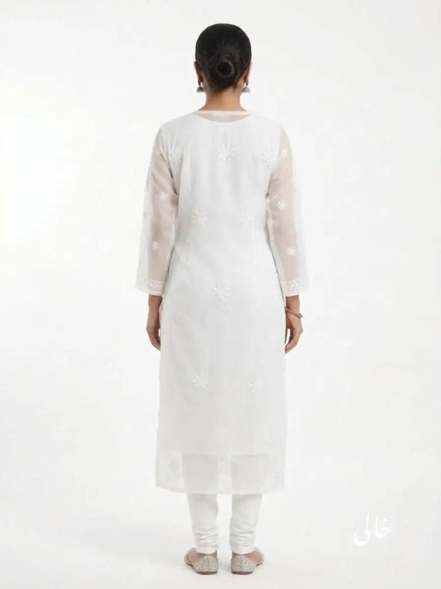 LCF CHIKAN EMBROIDERY CHIFFON LONG KURTI WITH MIRROR WORK - WHITE view 4
