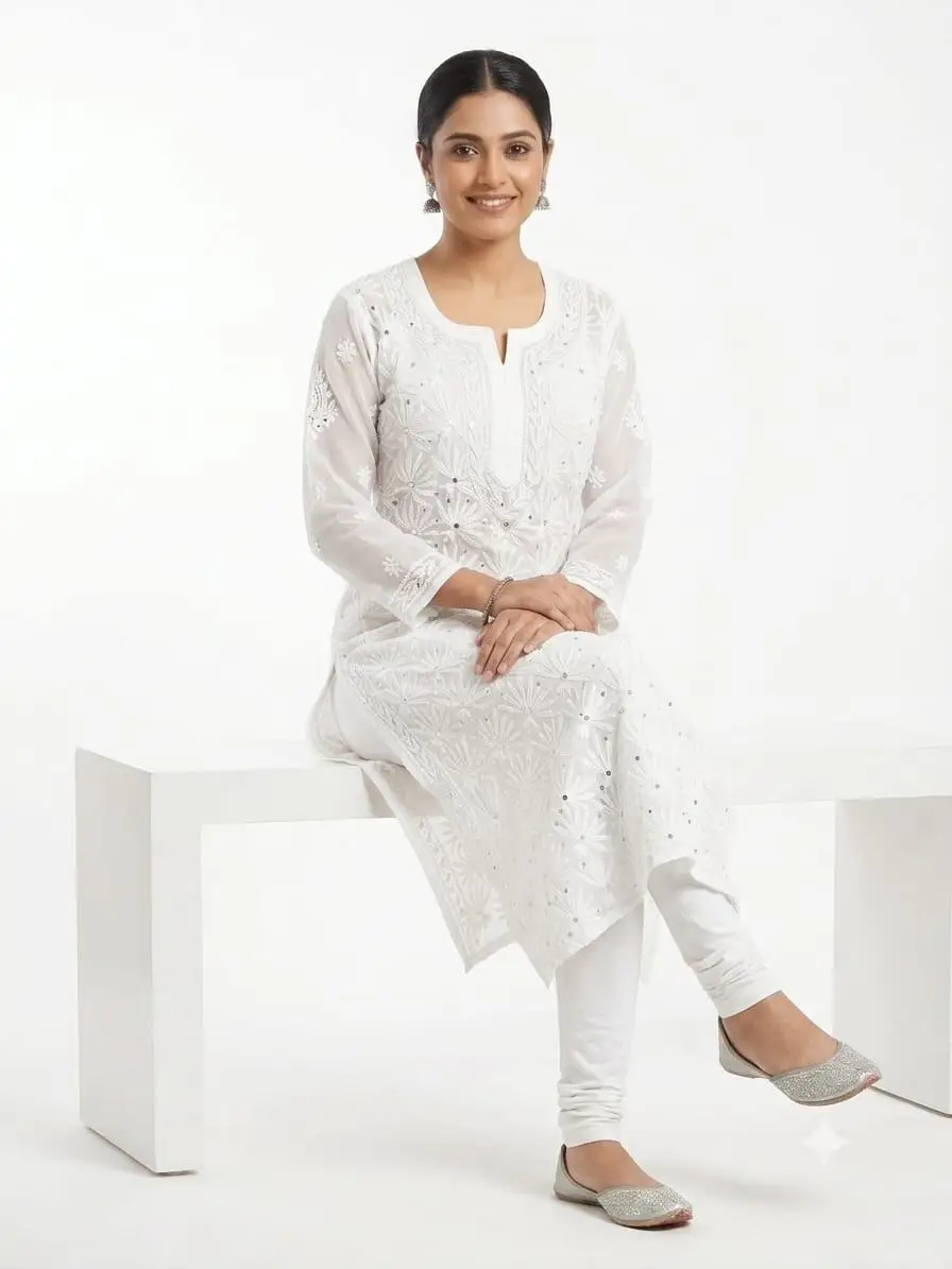 LCF CHIKAN EMBROIDERY CHIFFON LONG KURTI WITH MIRROR WORK - WHITE view 5