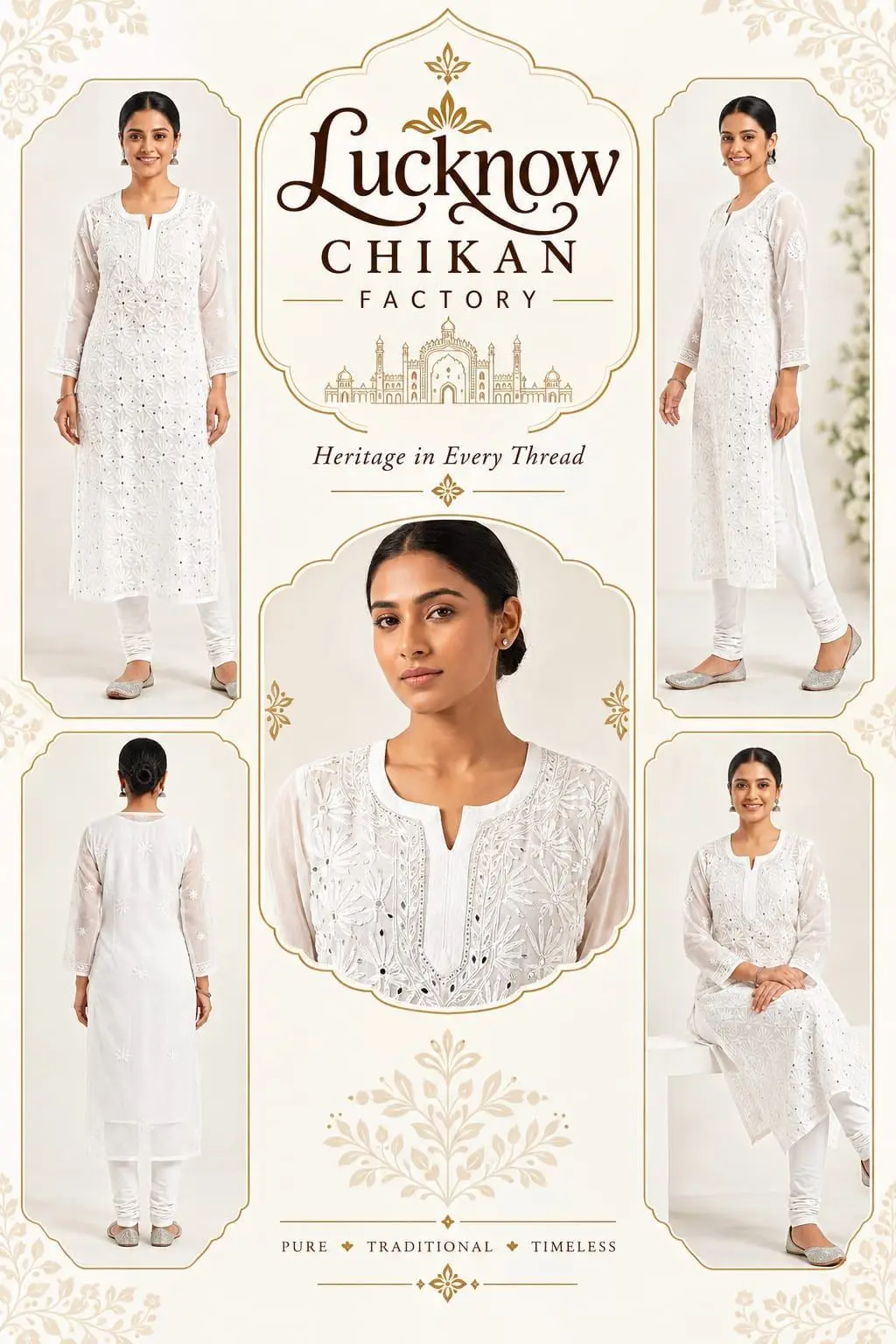 LCF CHIKAN EMBROIDERY CHIFFON LONG KURTI WITH MIRROR WORK - WHITE view 6