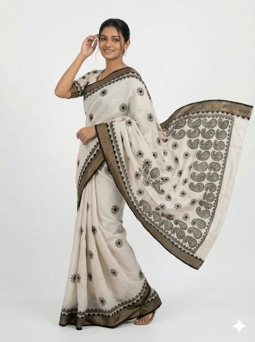 LCF CHIKAN EMBROIDERY MAHESHWARI KOTA WITH ZARI BORDER WORK SAREE - BLACK view 2