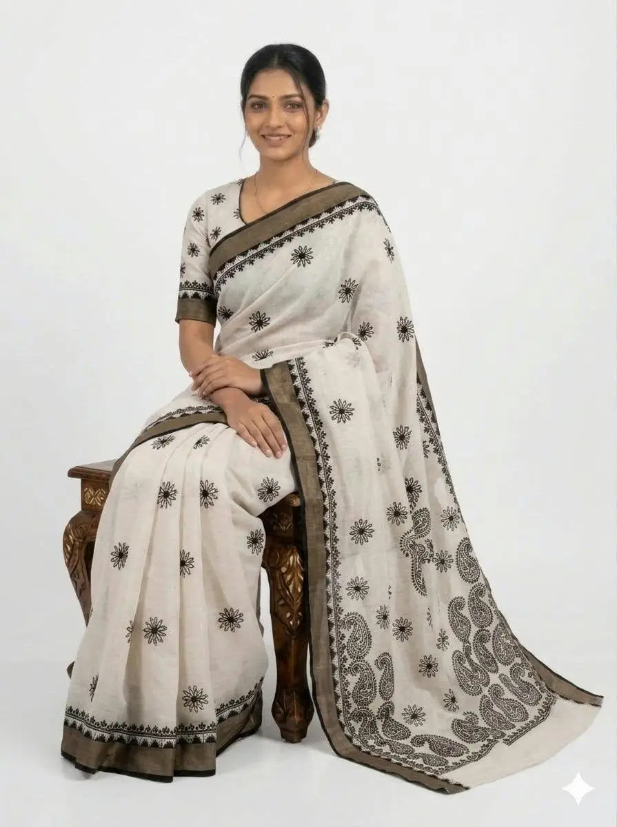 LCF CHIKAN EMBROIDERY MAHESHWARI KOTA WITH ZARI BORDER WORK SAREE - BLACK view 3