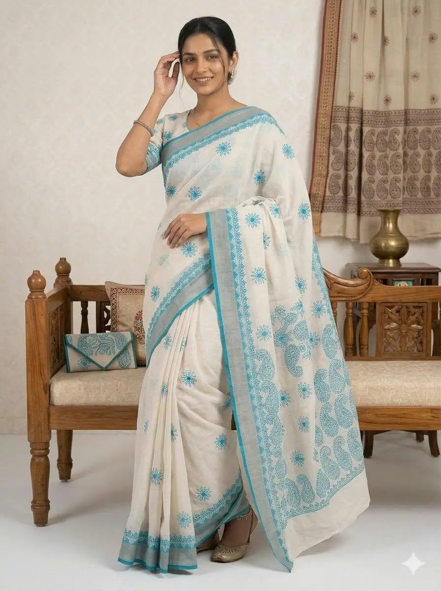 LCF CHIKAN EMBROIDERY MAHESHWARI KOTA WITH ZARI BORDER WORK SAREE - BLUE view 2