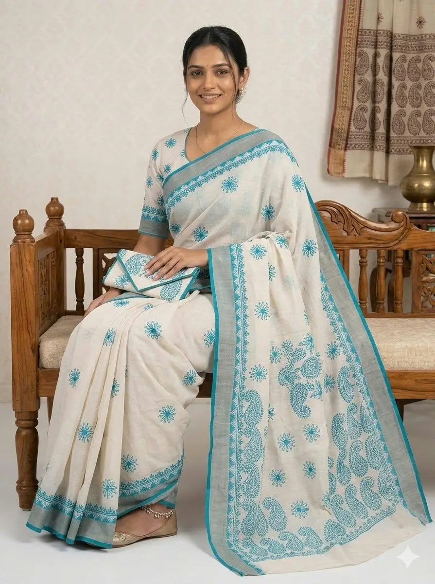LCF CHIKAN EMBROIDERY MAHESHWARI KOTA WITH ZARI BORDER WORK SAREE - BLUE view 3