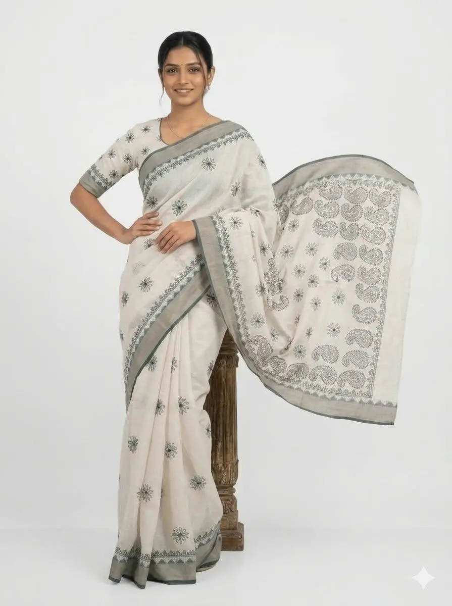 LCF CHIKAN EMBROIDERY MAHESHWARI KOTA WITH ZARI BORDER WORK SAREE - DARK GREEN