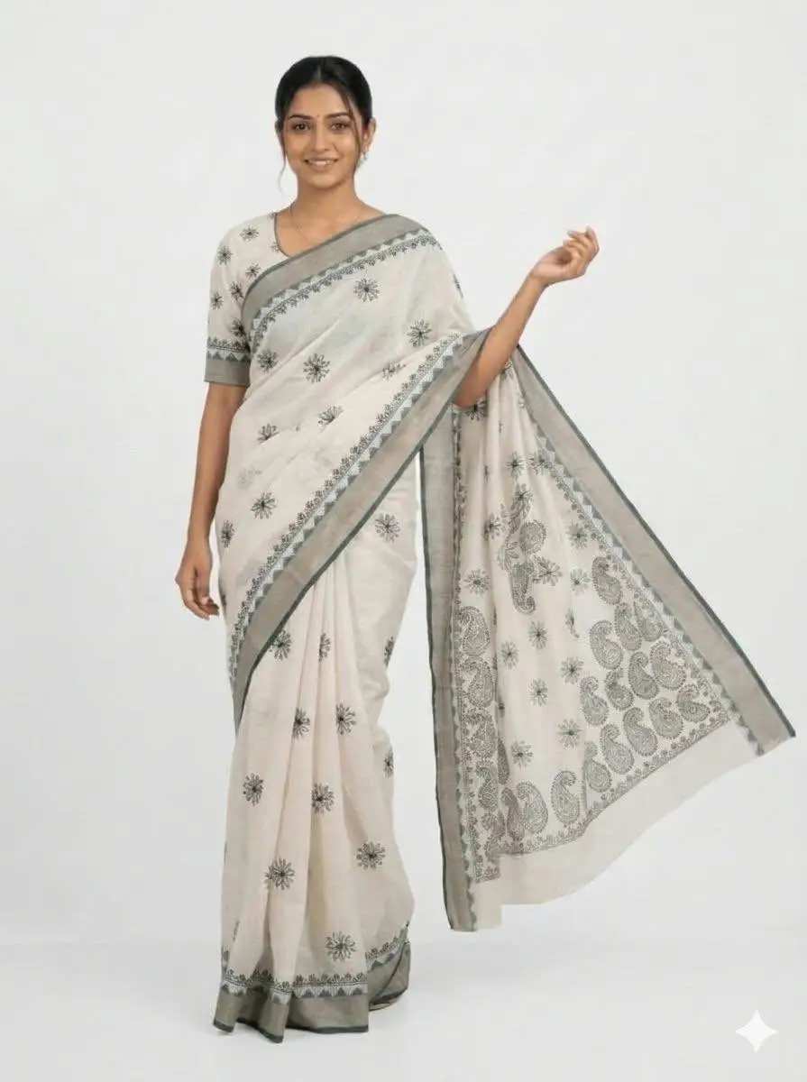 LCF CHIKAN EMBROIDERY MAHESHWARI KOTA WITH ZARI BORDER WORK SAREE - DARK GREEN view 2