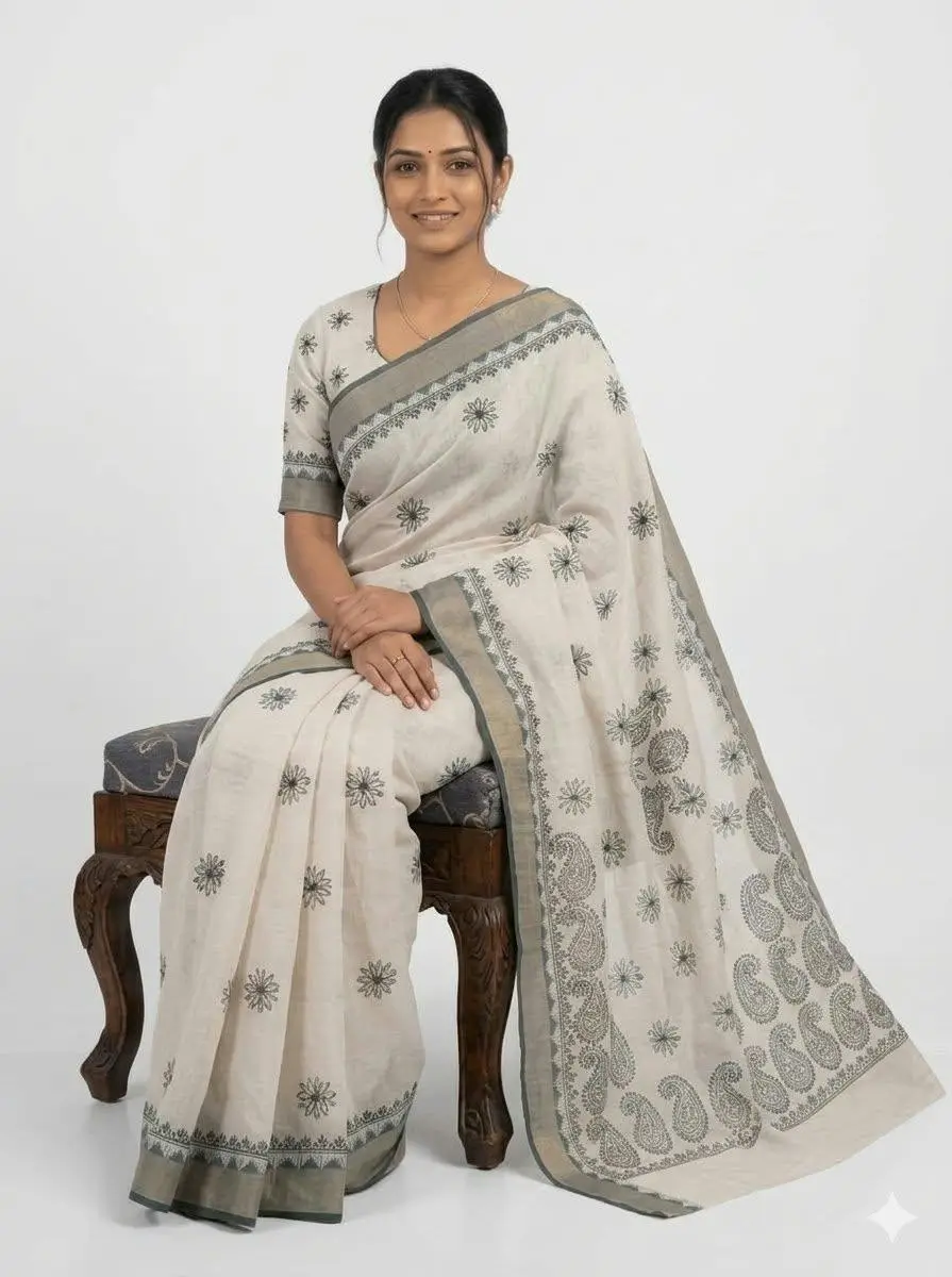 LCF CHIKAN EMBROIDERY MAHESHWARI KOTA WITH ZARI BORDER WORK SAREE - DARK GREEN view 3