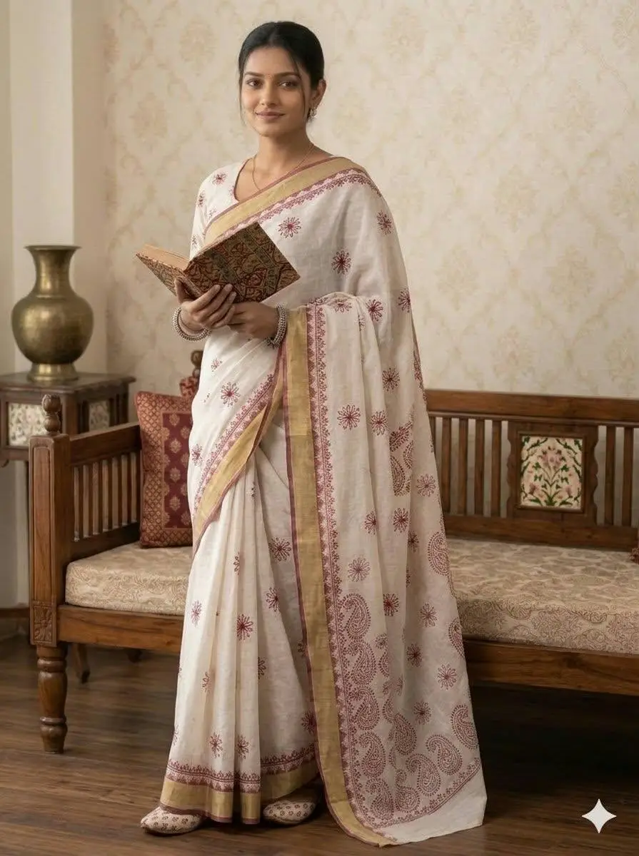 LCF CHIKAN EMBROIDERY MAHESHWARI KOTA WITH ZARI BORDER WORK SAREE - PINK view 2