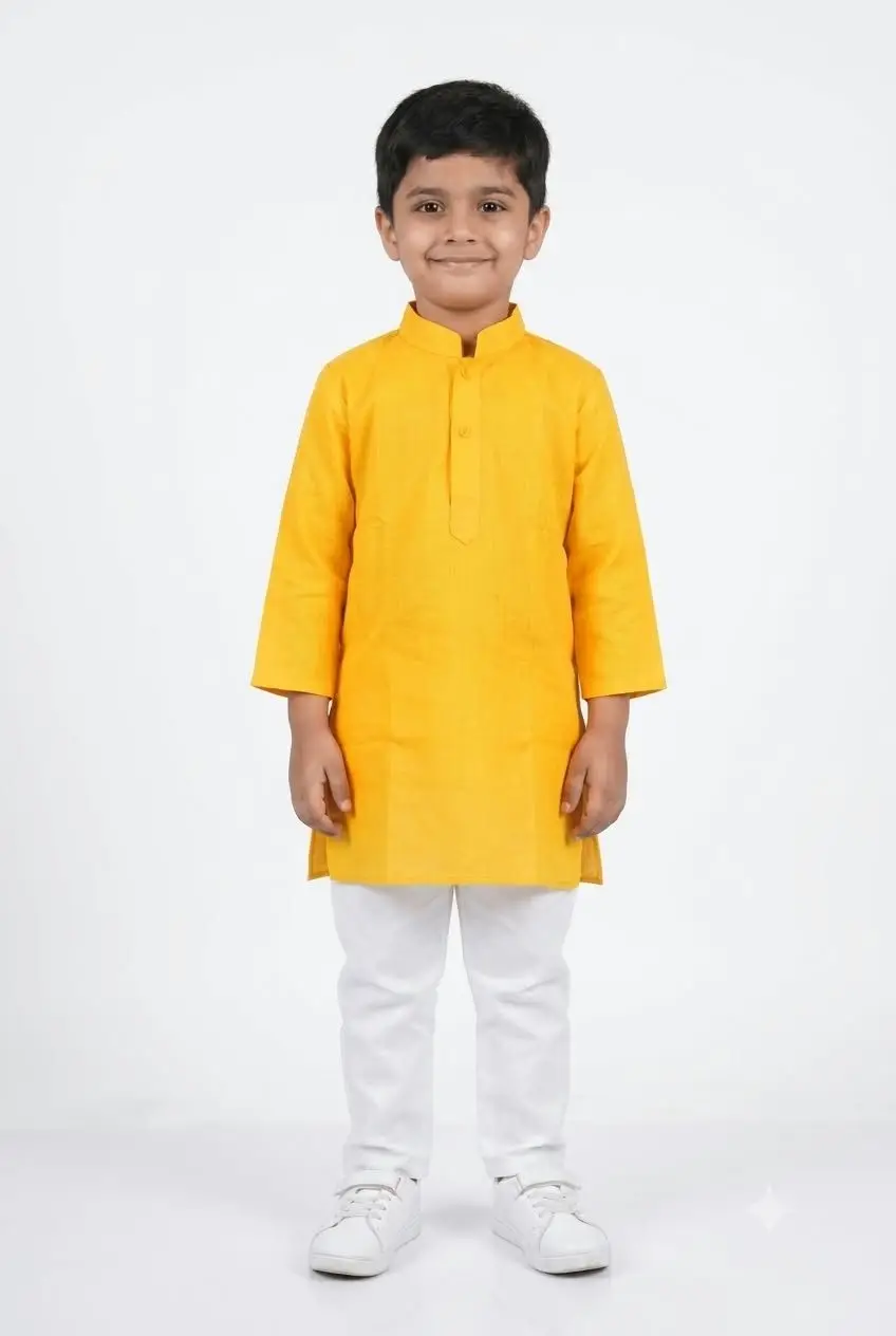 LCF KHADI COTTON KURTA SET FOR BOYS - YELLOW view 2