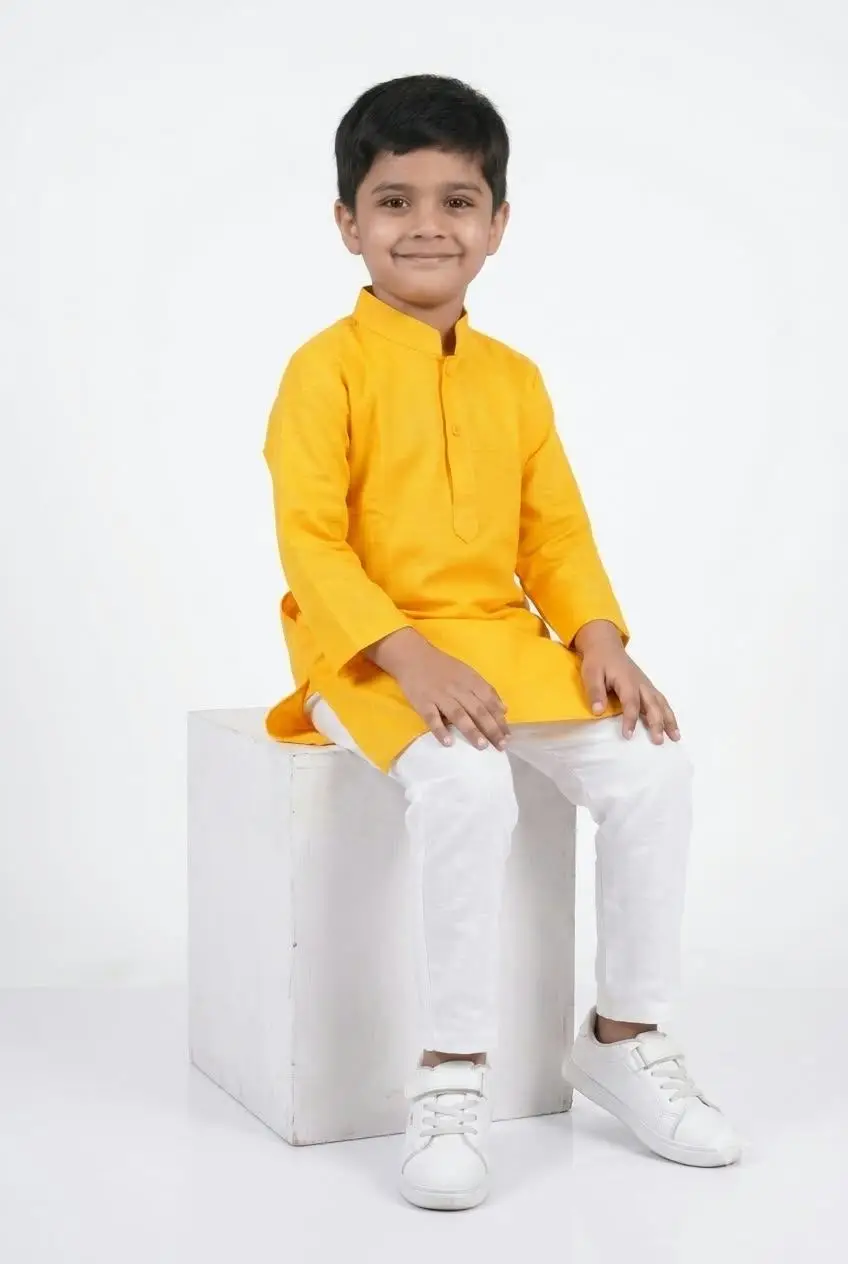 LCF KHADI COTTON KURTA SET FOR BOYS - YELLOW view 4