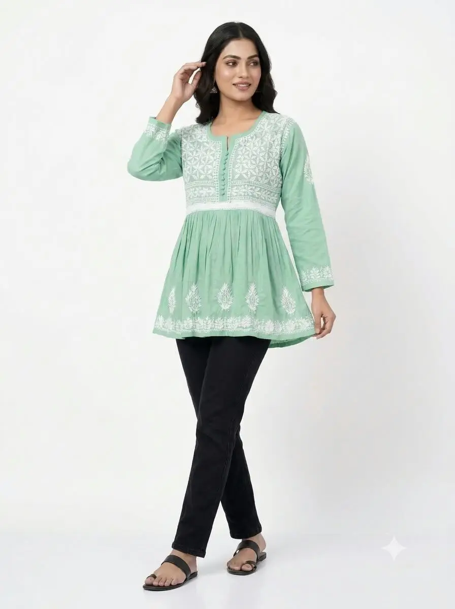 LCF CHIKAN EMBROIDERY FROCK STYLE SHORT TOP - GREEN view 2