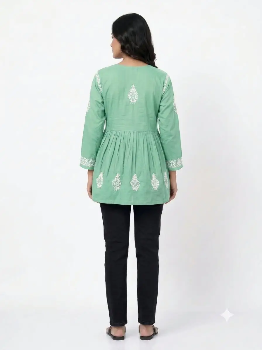 LCF CHIKAN EMBROIDERY FROCK STYLE SHORT TOP - GREEN view 3