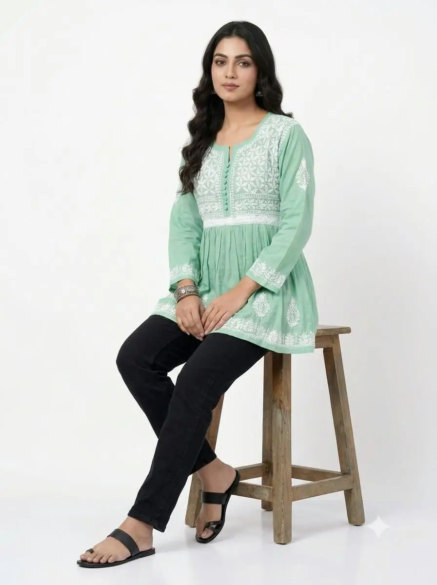 LCF CHIKAN EMBROIDERY FROCK STYLE SHORT TOP - GREEN view 4