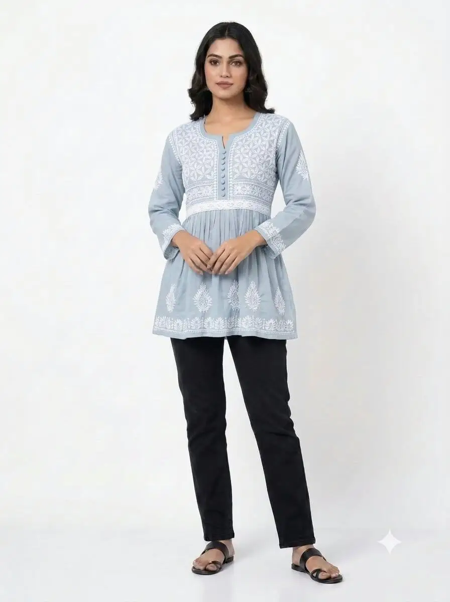 LCF CHIKAN EMBROIDERY FROCK STYLE SHORT TOP - GREY view 2